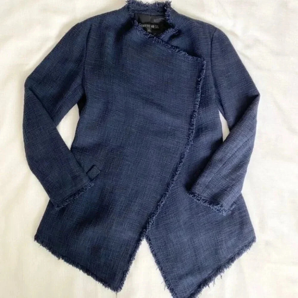LAFAYETTE 148 Open Front Draped Fringe Blazer Navy - Picture 2 of 11